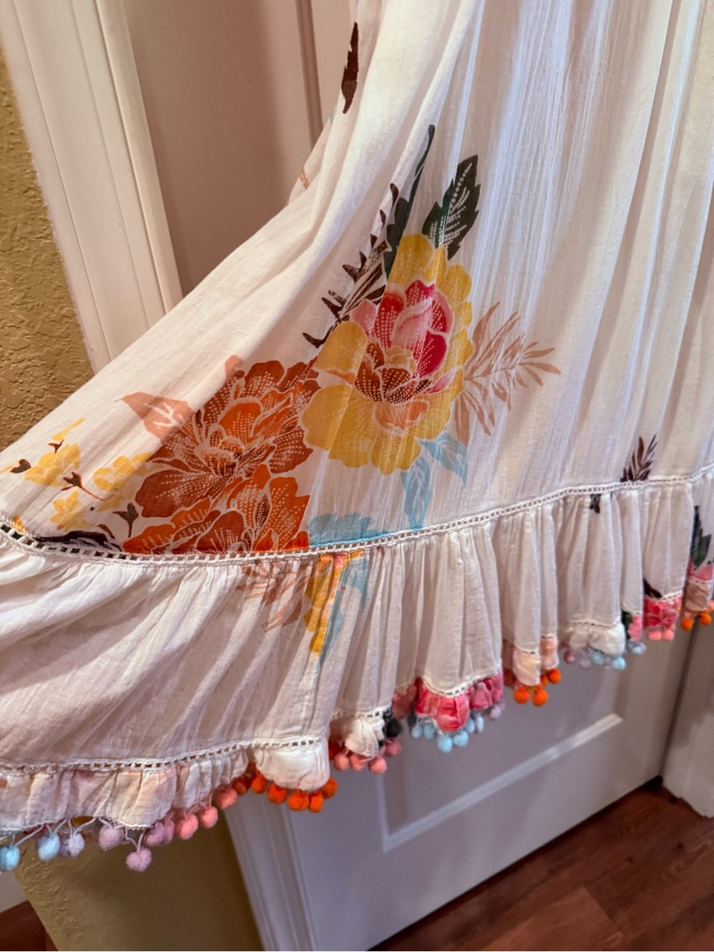 Floral White Tiered Maxi Dress with Pink & Orange Blooms - Picture 13 of 15